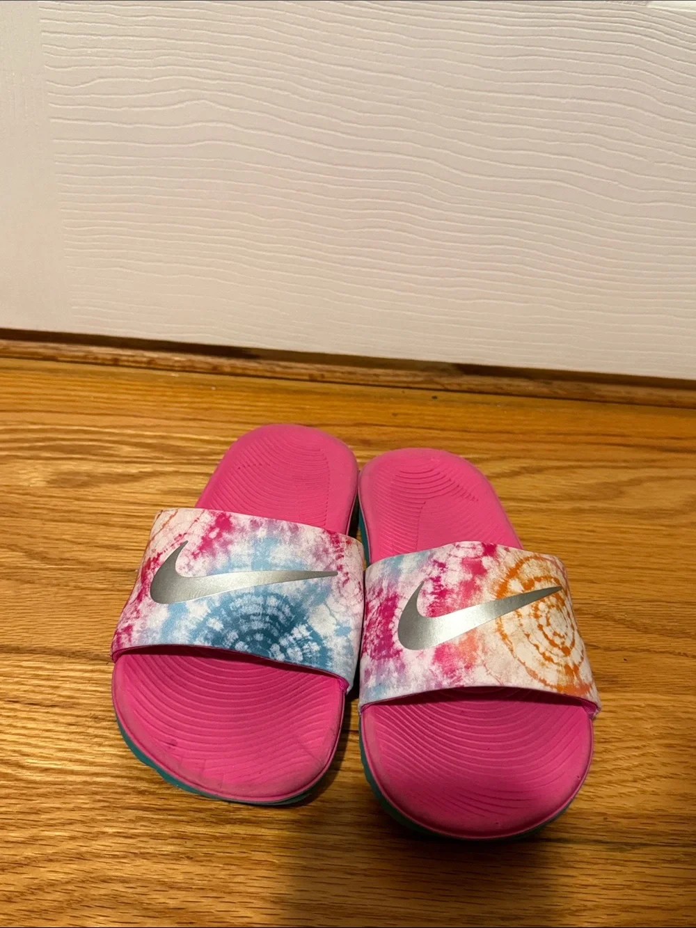 Nike Women's Pink Tie-Dye Slide Sandals with Silver Swoosh